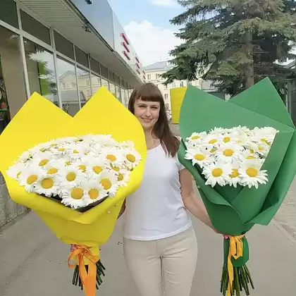 Букет из 25 ромашек в зеленой упаковке